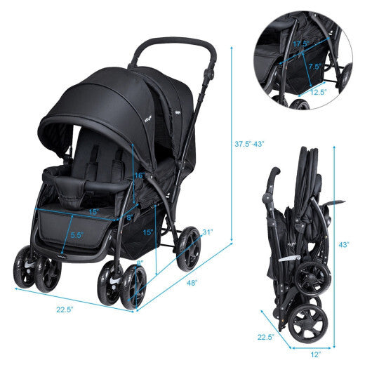 Double Stroller Foldable Baby Twin Lightweight Travel Stroller Infant Pushchair Black