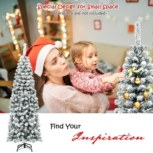 6Ft Unlit Hinged Snow Flocked Artificial Pencil Christmas Tree with 500 Branch Tips