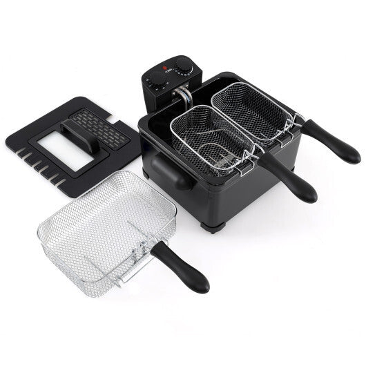 Electric Deep Fryer 5.3QT/21-Cup Stainless Steel 1700W with Triple Basket Black