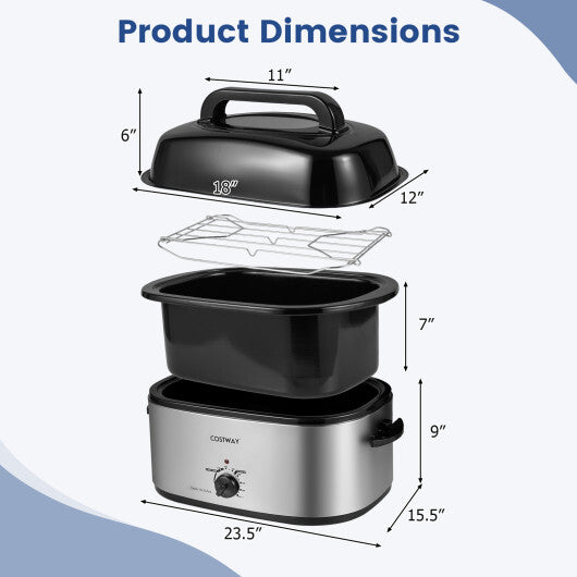 22QT Electric Roaster Oven Turkey Roaster with Visible and Self-Basting Lid Silver