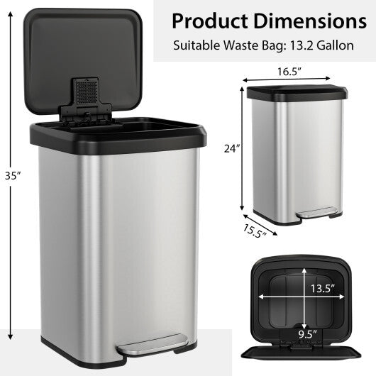 13.2 Gallon Step Trash Can with Soft Close Lid and Deodorizer Compartment Silver