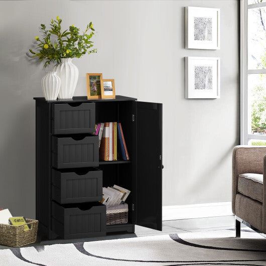 Bathroom Storage Wooden 4 Drawer Cabinet Cupboard 2 Shelves Free Standing Black