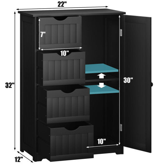 Bathroom Storage Wooden 4 Drawer Cabinet Cupboard 2 Shelves Free Standing Black