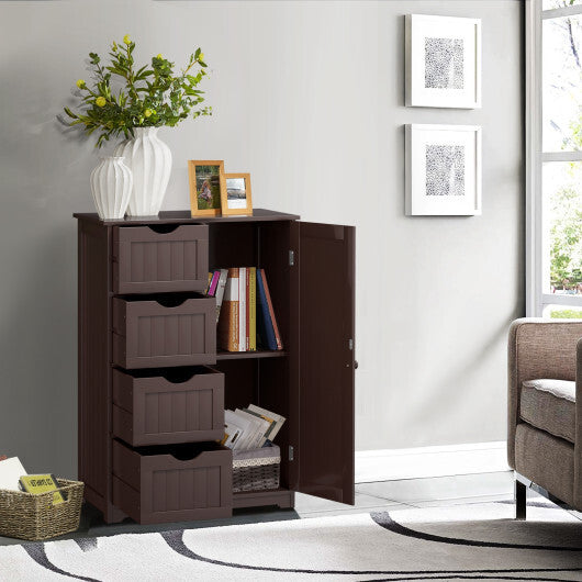 Bathroom Storage Wooden 4 Drawer Cabinet Cupboard 2 Shelves Free Standing Brown