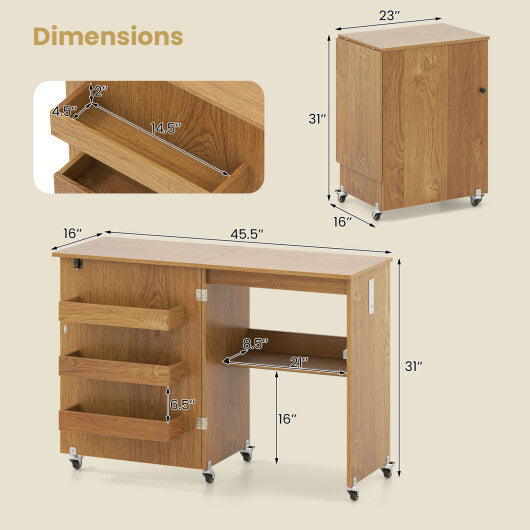 Sewing Machine Table with Charging Station and Lockable Casters-Natural
