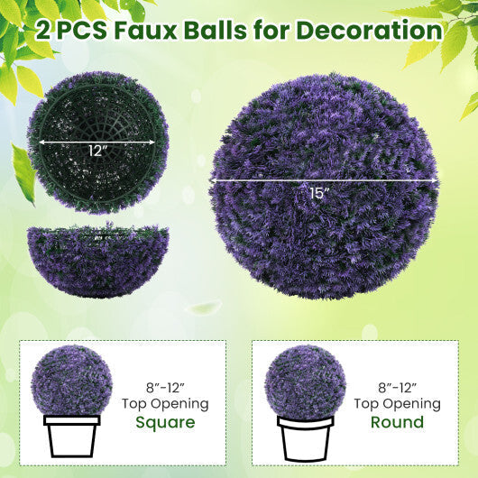 15 Inch Round Artificial Plant Set of 2 Boxwood Topiary Balls for Indoor Outdoor - Purple