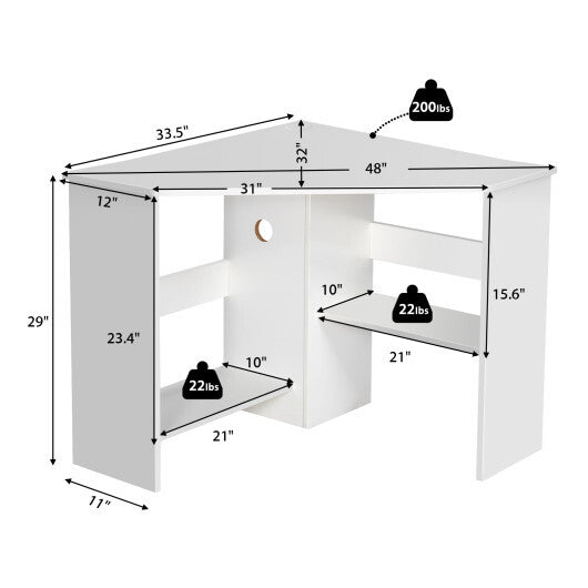 Corner Computer Desk Triangle Writing Workstation with Storage Shelf White
