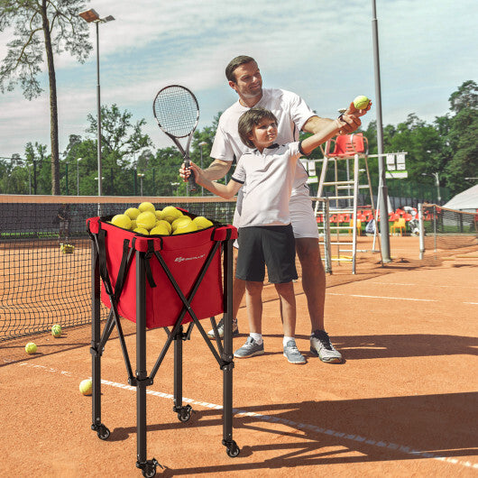 Costway Lightweight Foldable Tennis Ball Teaching Cart with Wheels and Removable Bag-Red