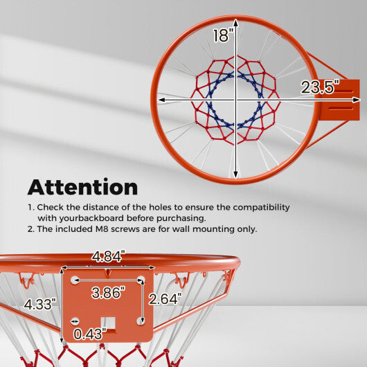 Costway 18" Basketball Rim Heavy Duty Wall Mounted Basketball Rim Goal Replacement-Orange