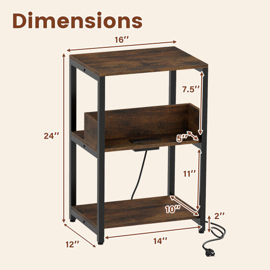 Side End Table with Charging Station and Open Shelves-Rustic Brown