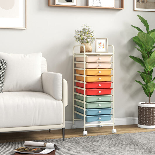 Costway 10 Drawer Rolling Storage Cart Organizer with 4 Universal Casters-Macaron Multicolor