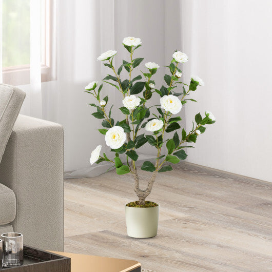36 Inch Artificial Camellia Tree with Blooming Flower 1 Pack-White