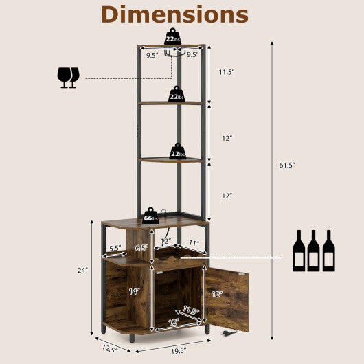 Costway 6-Tier Corner Bar Cabinet with LED Lights and Charging Station for Kitchen-Rustic Brown