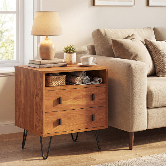 Costway Mid Century Modern 2-Drawer Nightstand with Storage Compartment-Walnut