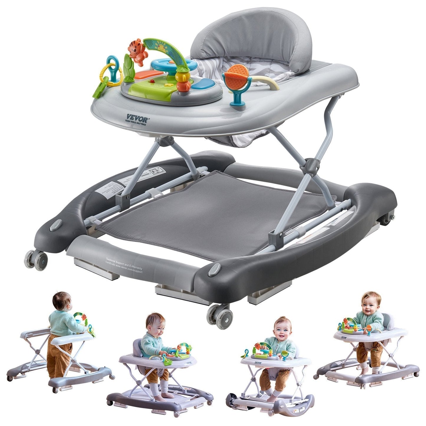 4-in-1 Baby Walker, Foldable Baby Activity Center on Wheels, 3 Adjustable Height, Music & Toys Tray, Learning-Seated | Walk-Behind | Rocker | Bouncer Toddler Walker for Girls Boys 6-24 Months