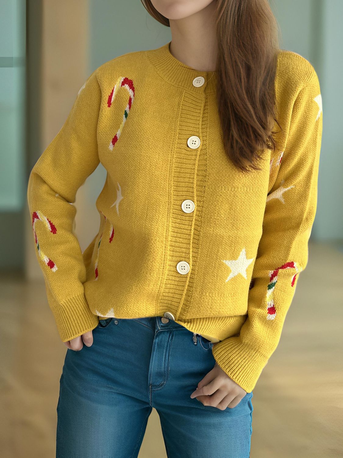 Women Candy Cane & Star Button Down Long Sleeve Christmas Cardigan