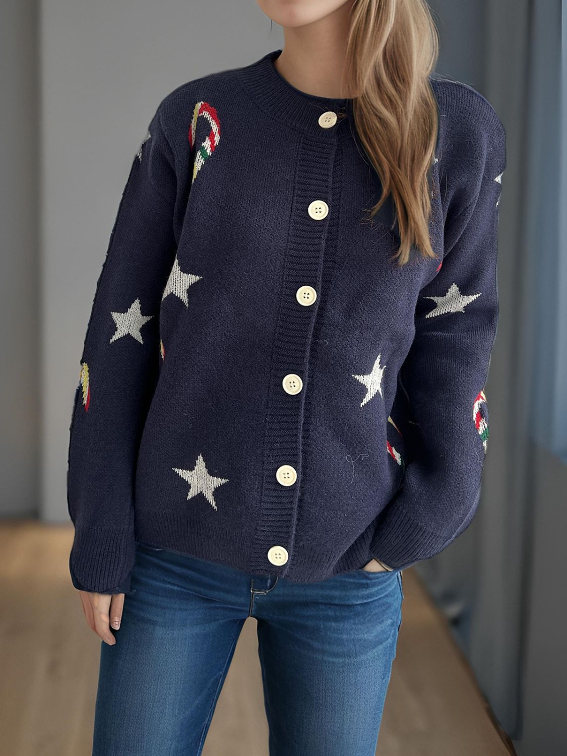 Women Candy Cane & Star Button Down Long Sleeve Christmas Cardigan