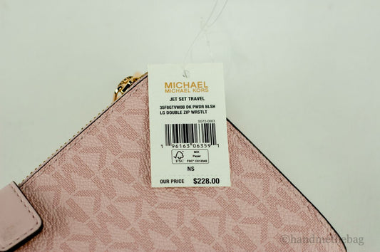Michael Kors Jet Set Travel Dark Powder Blush PVC Large Double Zip Wrist Wallet