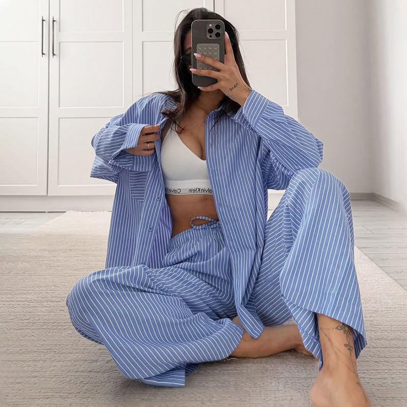 Fashionable Striped Casual Simple Womens Long-Sleeve Top And Pants Loose Set