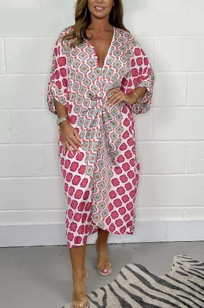 V-neck Printed Plus Size Loose Waist Dress Women