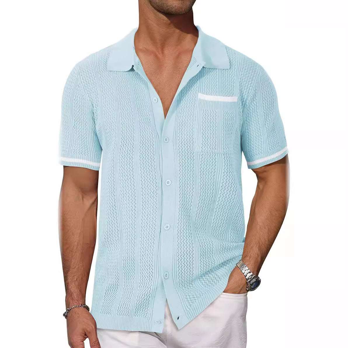 Short-sleeved Shirt Pocket Hollow Breathable Cool Summer Men's Casual Jacket Cardigan