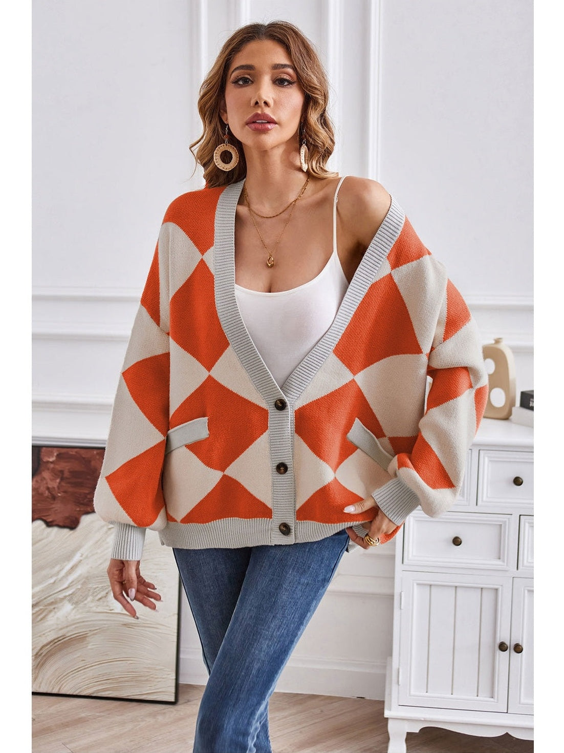 Women Geometric Lantern Sleeve Cardigan with Pockets