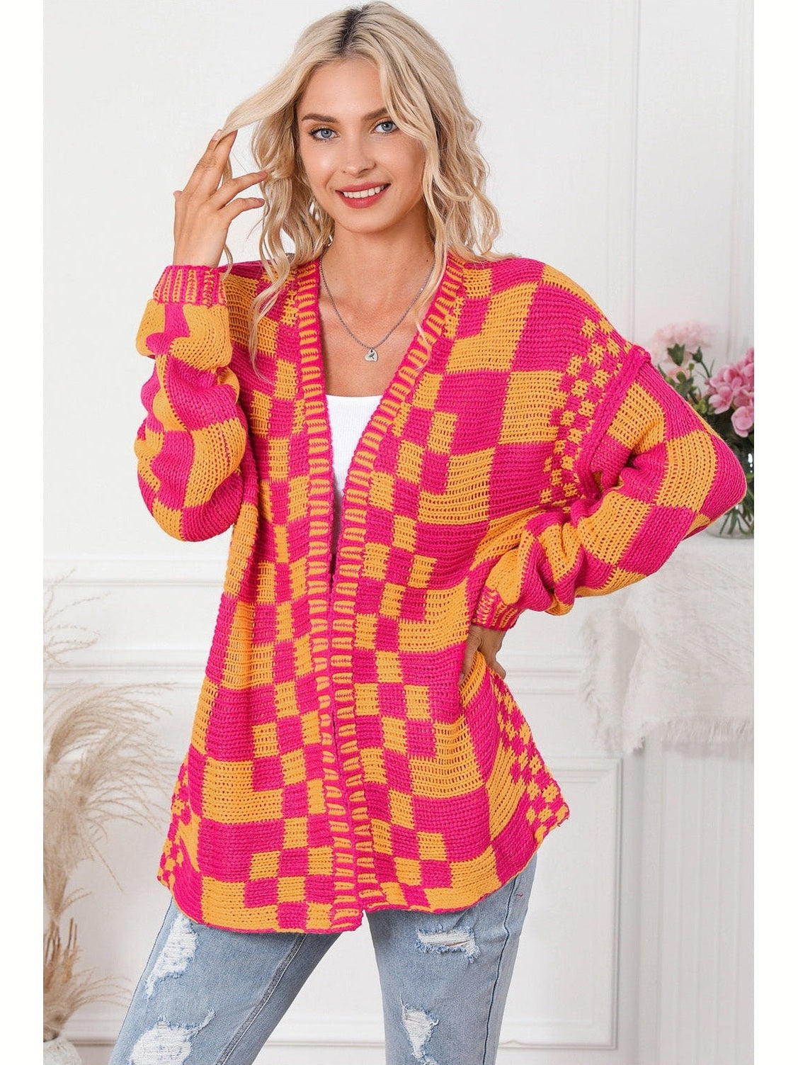 Women Cardigan Sweater Contrast Exposed Seam Open Front Orange Colored