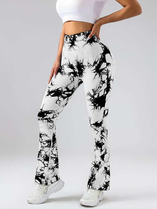 High-Waist Tummy Control Flare Yoga Pants For Women, Tie-Dye Stretch Slimming Bootcut Workout Pants, Fitness & Sports Activewear