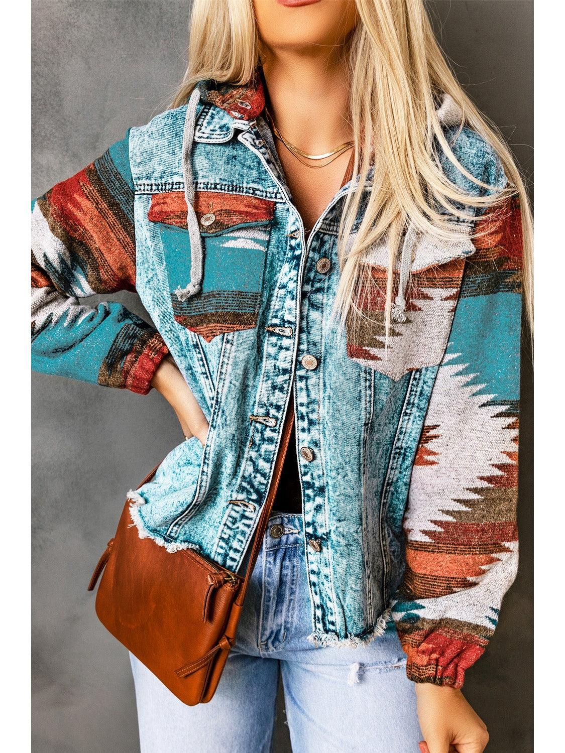 Women Drawstring Hooded Pocketed Denim Jacket