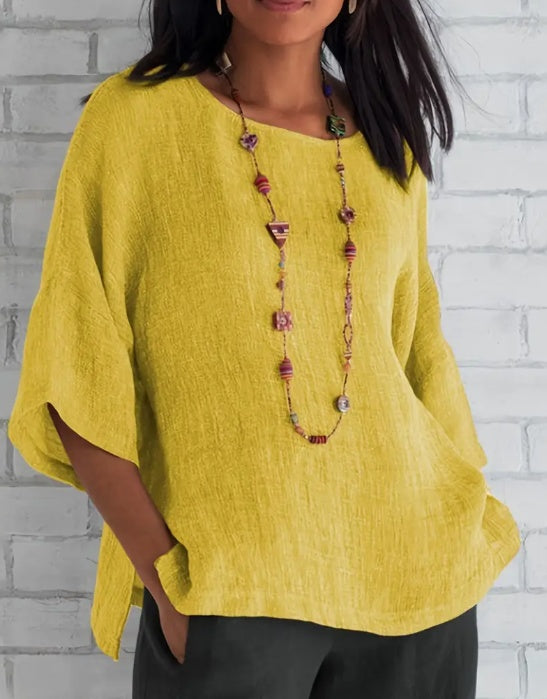 Women Fashion Casual Shirts Solid Color 3 4 Sleeve Round Neck Blouses Summer Loose Tops Streetwear