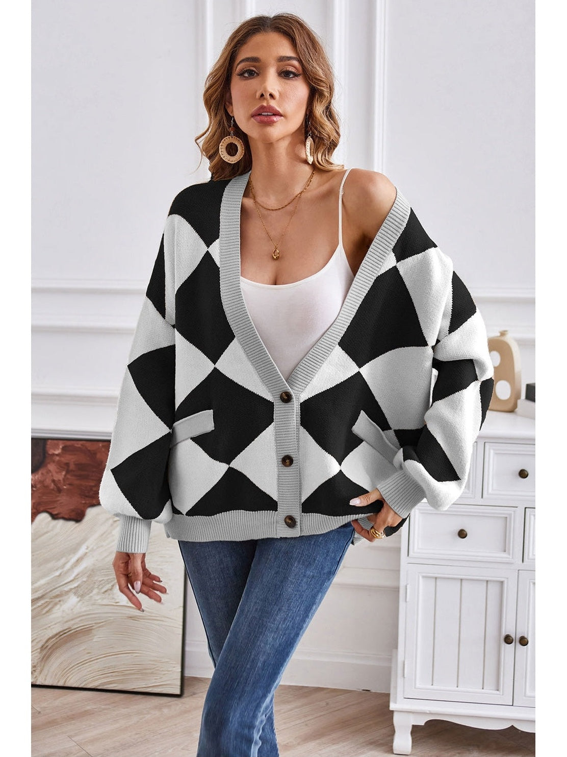 Women Geometric Lantern Sleeve Cardigan with Pockets