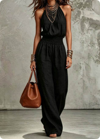 Womens Sleeveless Jumpsuit Backless Lace-up Halter Overall Pants Wide-leg Straight Onesie Trousers
