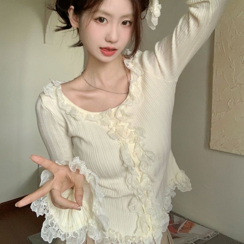 Women Lace Patchwork Black Fungus Edge Knitted Cardigan Jacket