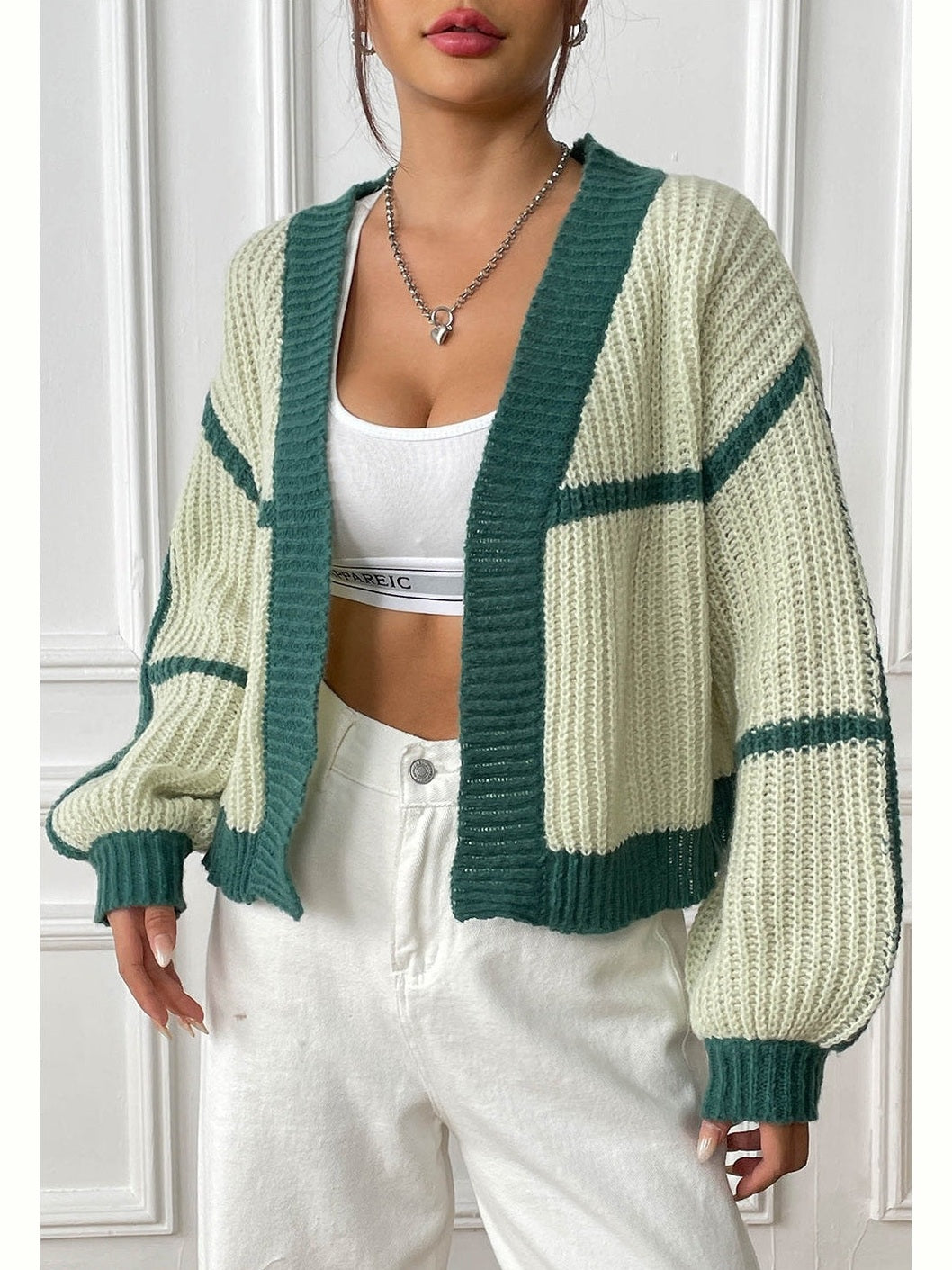 Women Contrast Open Front Long Sleeve Cardigan