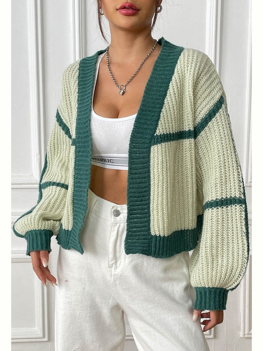 Women Contrast Open Front Long Sleeve Cardigan