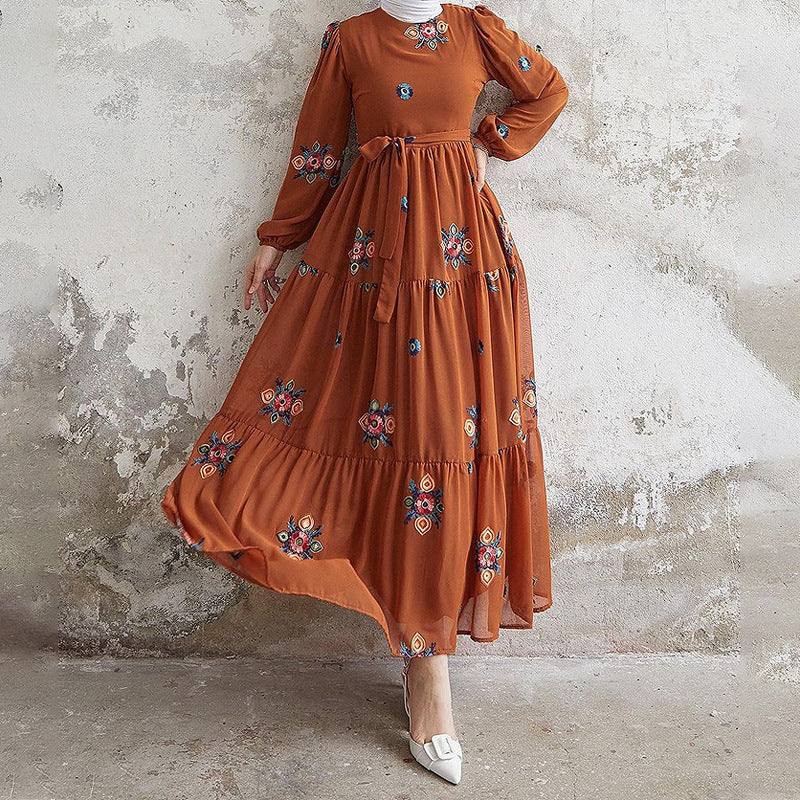 Muslim New Pure Color Embroidery With Belt Fashion Elegant Dress