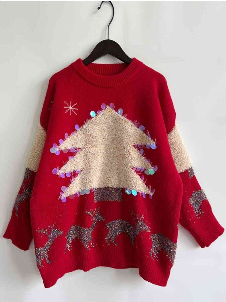 Women Sequin Christmas Tree & Reindeer Round Neck Sweater