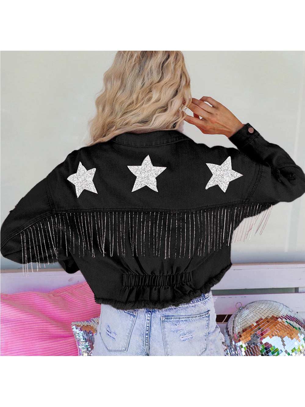 Distressed Raw Hem Dropped Shoulder Denim Jacket