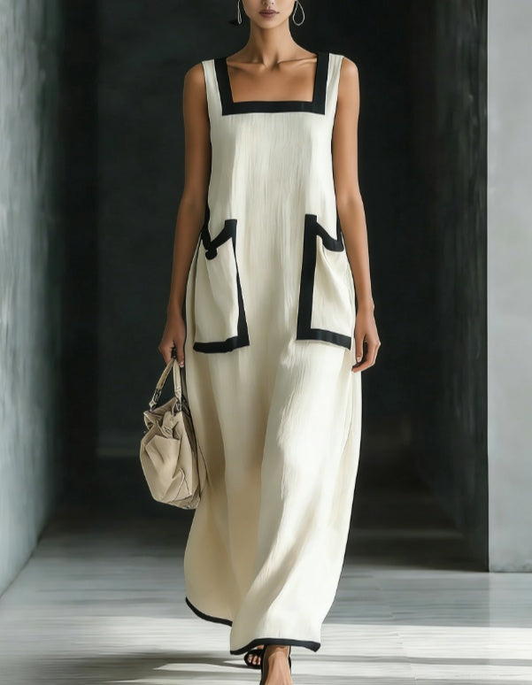 2026 New Beige Square Neck Sleeveless Contrasting Long Dress
