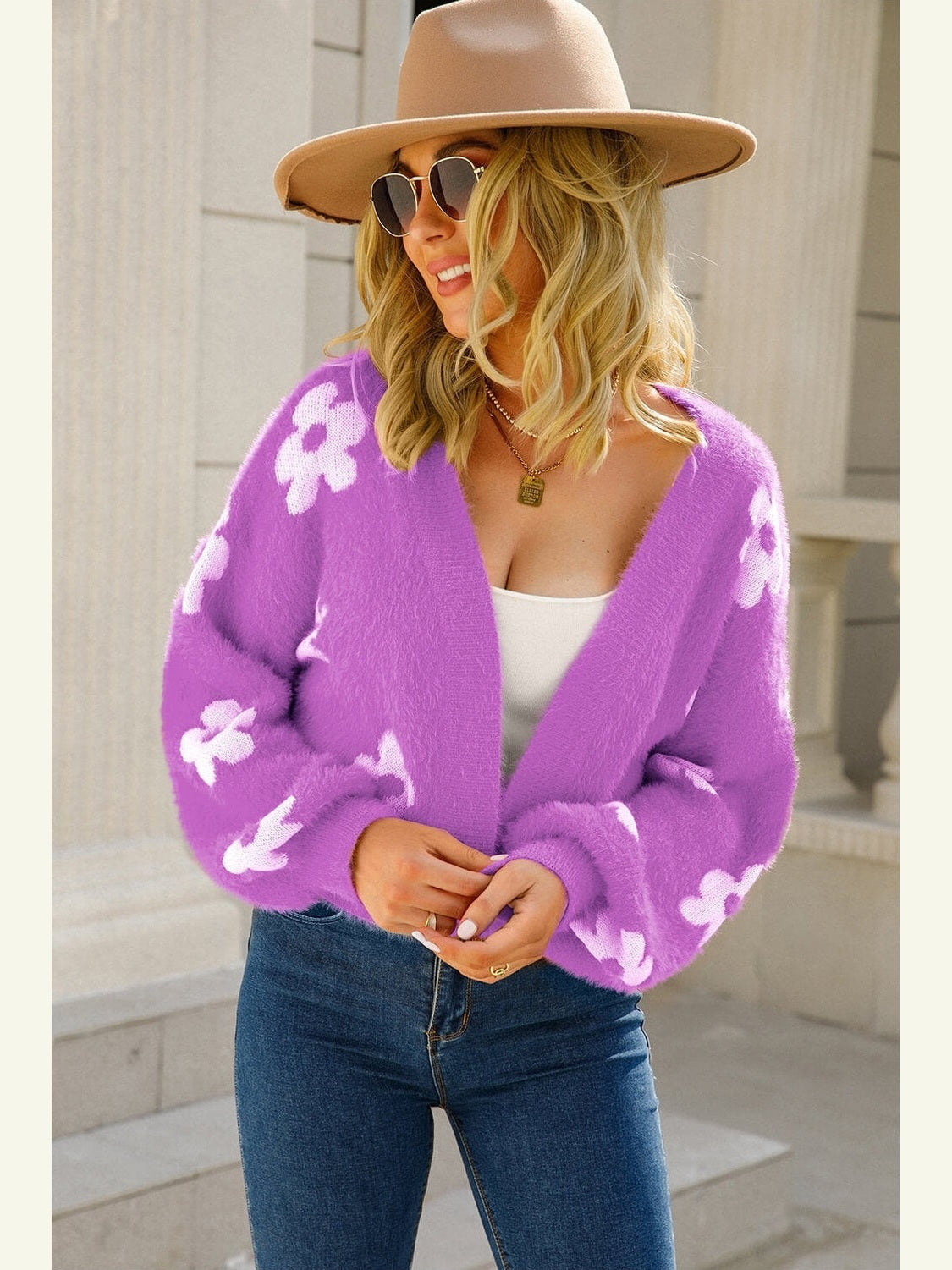 Women Floral Open Front Fuzzy Cardigan Sweater
