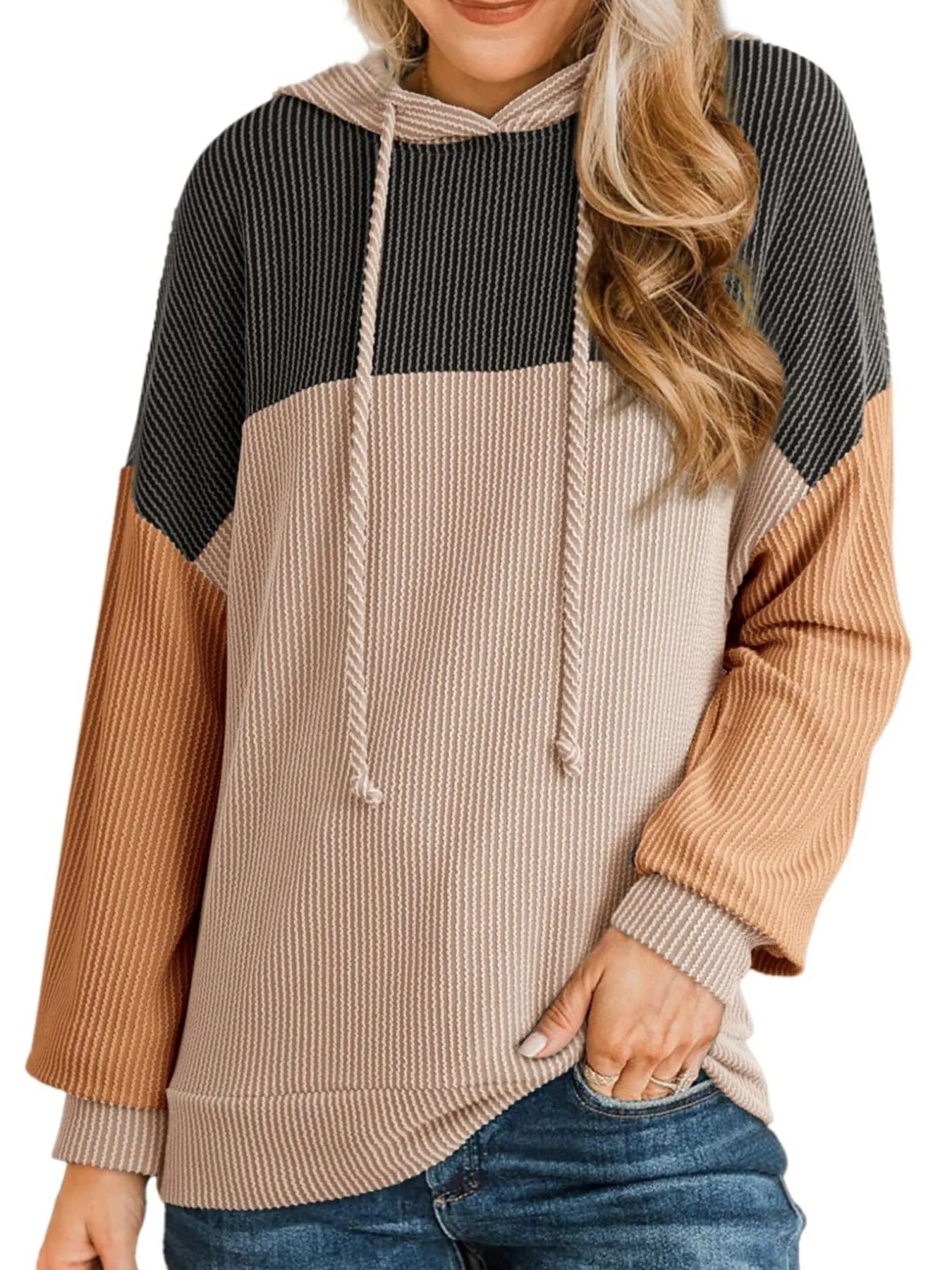 Drawstring Color Block Long Sleeve Hoodie