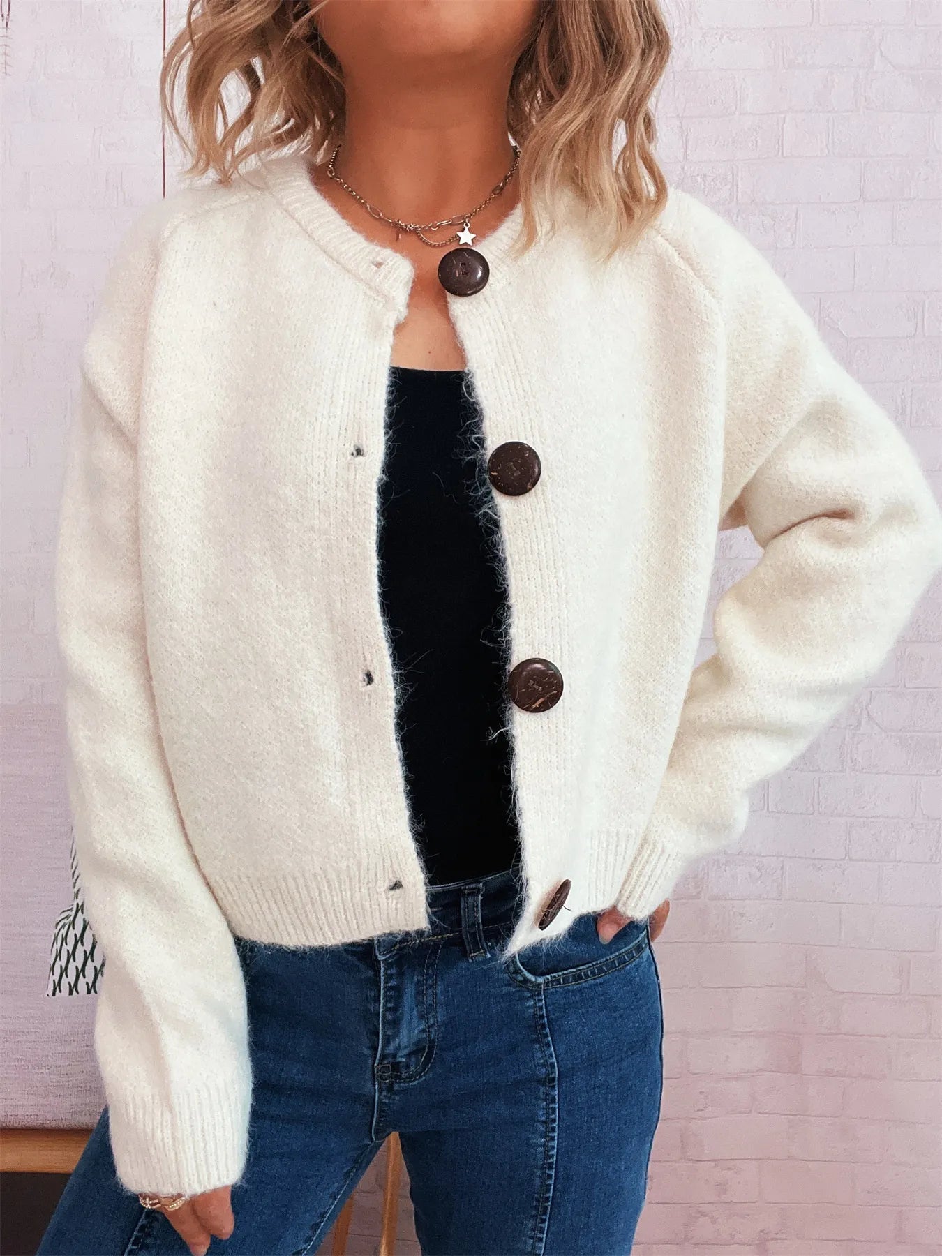 Women Button-Up Raglan Sleeve Cardigan Sweater