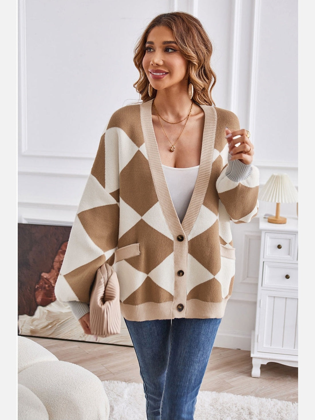 Women Geometric Lantern Sleeve Cardigan with Pockets