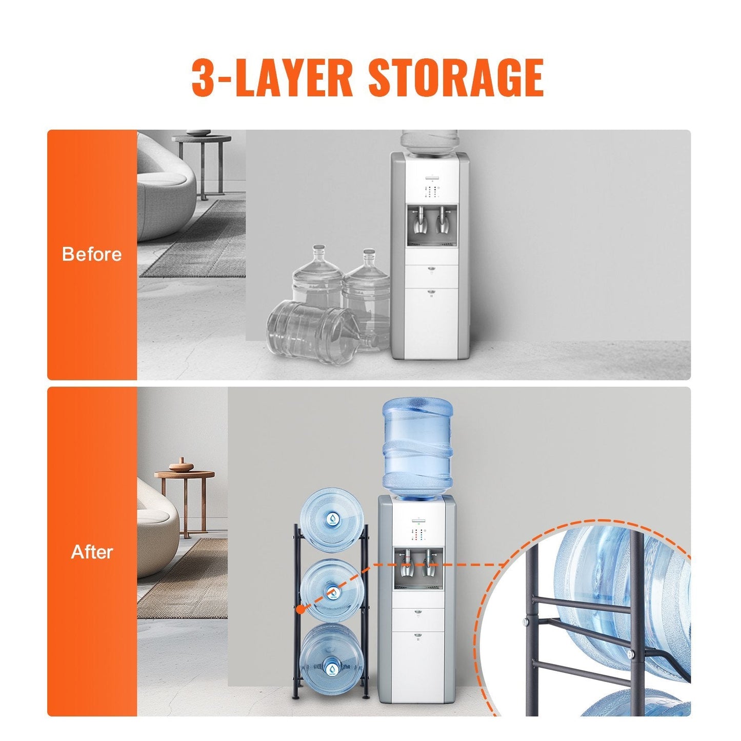 VEVOR 3 Tiers Water Jug Holder Single Row Water Bottle Rack For 3 Bottles Black