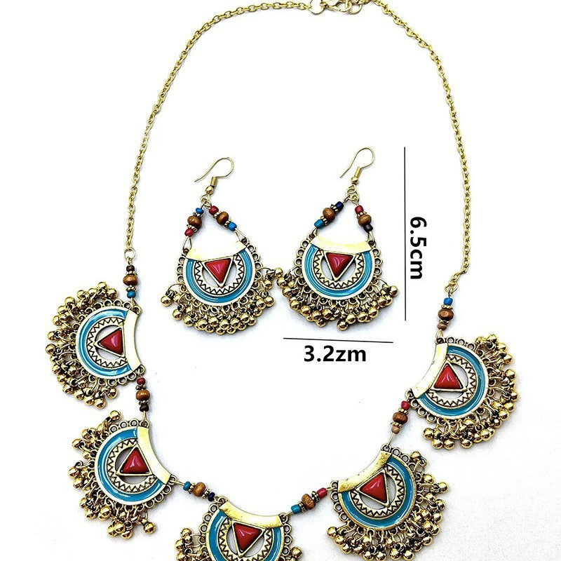 Women's Vintage Metal Indian Necklace And Earrings Suite