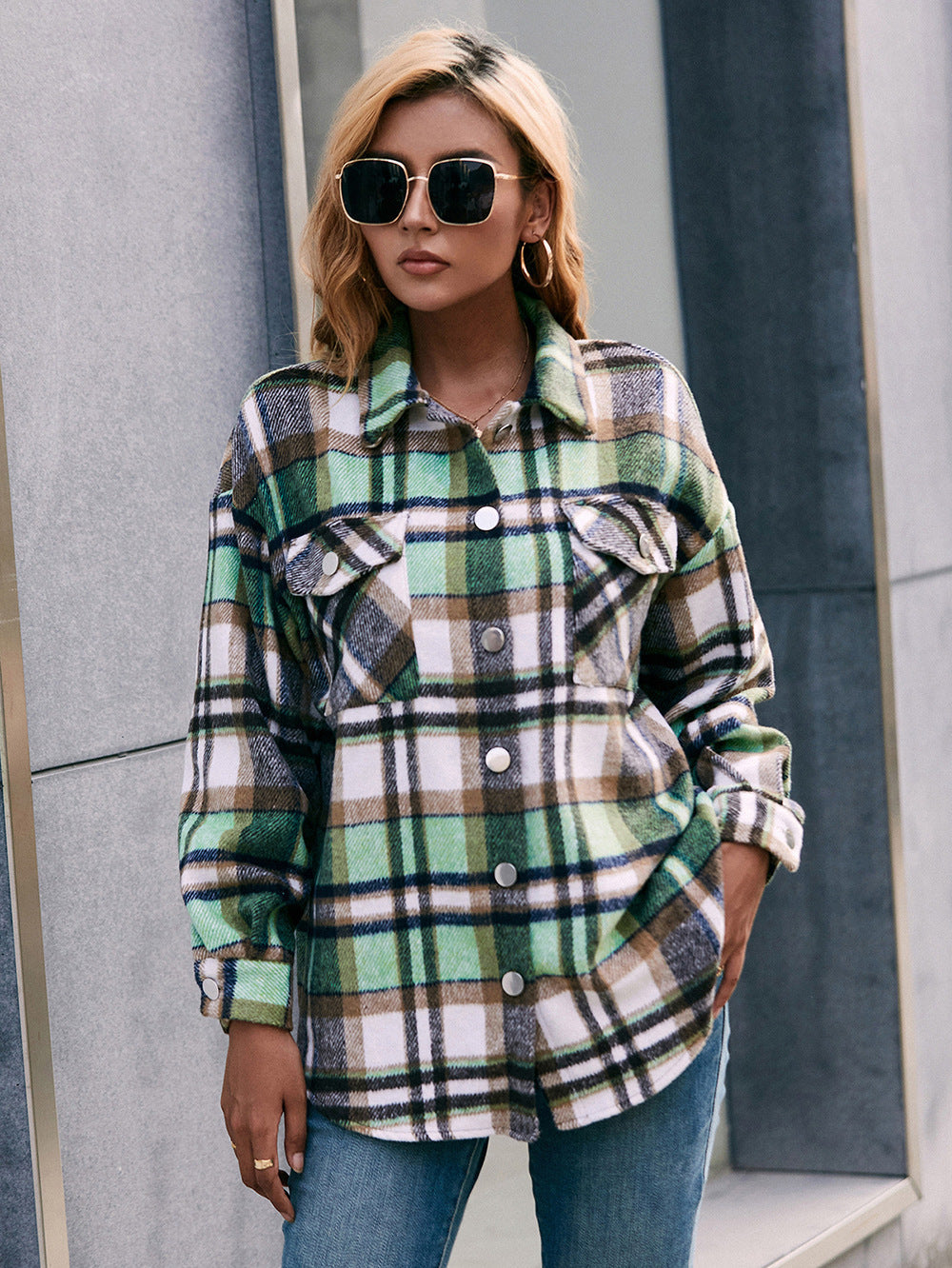 Women Ivy Lane Meet You Outside Plaid Button Down Curved Hem Shacket