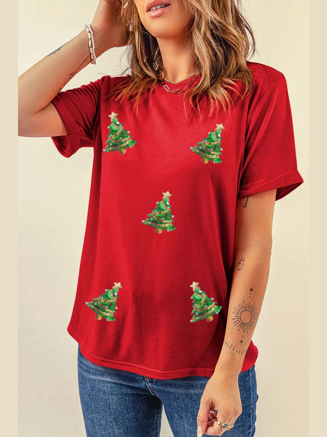 Sequin Christmas Tree Round Neck Short Sleeve T-Shirt
