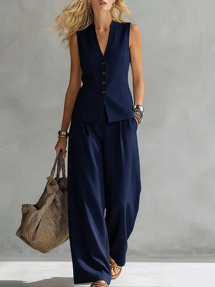 Two-piece V-Neck Sleeveless Vest And Wide Leg Pants For Women Summer Solid-Colored Sleeveless Casual Linen Tank Top And Pants Set