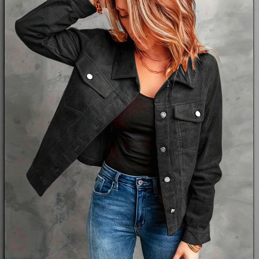 Women's Corduroy Long Sleeve Jacket - Casual Button-Up Coat With Flap Pockets