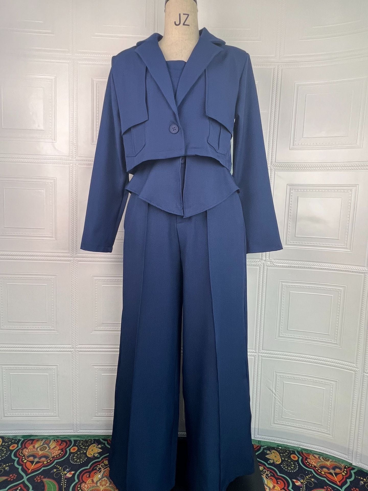 Womens Solid-color Elegant Blazer And Wide-leg Suspender Pants Set